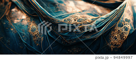 Spectacular pattern of blue and gold silk. Digital art 3D illustration. 94849997
