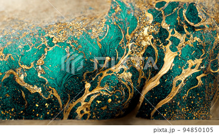 Spectacular dark teal and gold ink swirled around. Digital art 3D illustration. 94850105