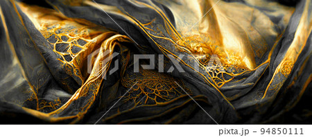 Spectacular pattern of black and gold silk. Digital art 3D illustration. 94850111