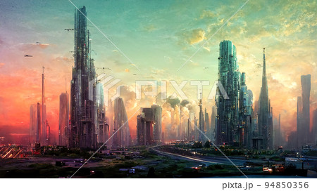 Spectacular futuristic cityscape, flying vehicles. Digital art 3D illustration 94850356