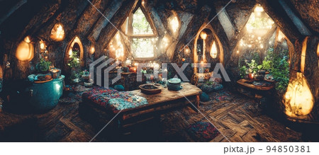 Spectacular interior of a fantasy medieval cottage. Digital art 3D illustration. 94850381