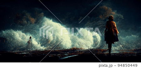 Spectacular big wave, brave woman standing on beach. Digital art 3D illustration Spectacular big wave, brave woman standing on beach. Digital art 3D illustration 94850449