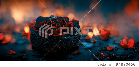Heartbroken concept by half burnt rose and ashes. Digital art 3D illustration. 94850456