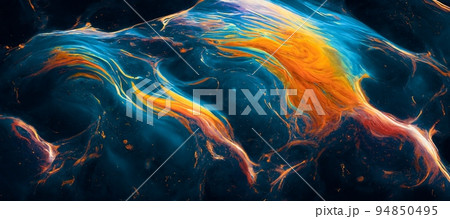 Spectacular scene of blue, orange ink move around. Digital art 3D illustration. 94850495