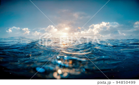 Spectacular calm ocean, sunrise reflecting in water. Digital art 3D illustration 94850499