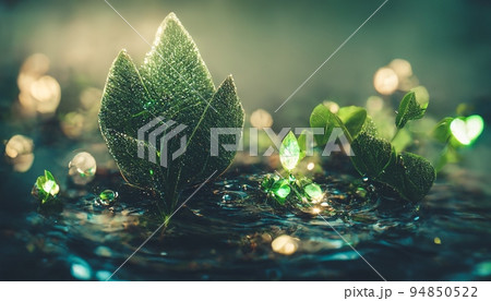 Fantasy scene of green leaves floating on water. Digital 3D illustration. 94850522