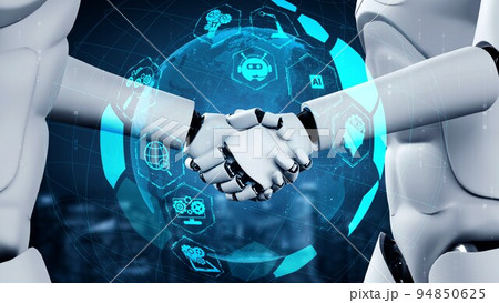 3D rendering hominoid robot handshake to collaborate future technology 94850625