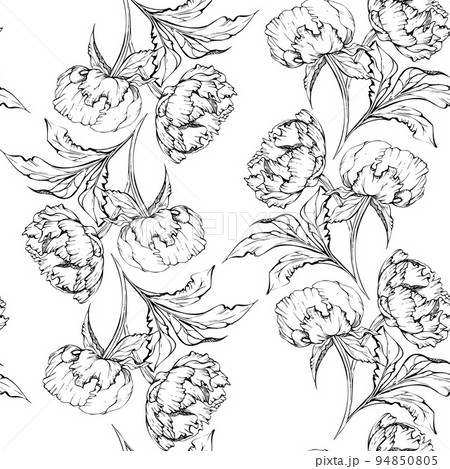Hand drawn vector seamless pattern with peony flowers, buds and leaves. Isolated on white background. Design for invitations, wedding or greeting cards, wallpaper, print, textile, wrapping paper Hand drawn vector seamless pattern with peony flowers, buds and leaves. Isolated on white background. Design for invitations, wedding or greeting cards, wallpaper, print, textile, wrapping paper 94850805