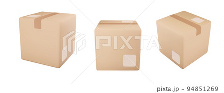 Cardboard or carton realistic delivery boxes with scotch tape and labels. 94851269