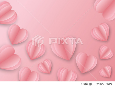 illustration of The Valentine Hearts. Postcard Paper flying elements on the pink background. Symbol of love in the form of heart design 3d. illustration symbols of Valentine's Day. Space for text. 94851489