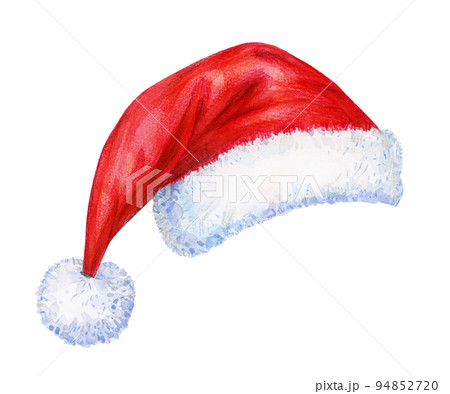 Red Santa Claus hat, isolated on white. Watercolor illustration. 94852720
