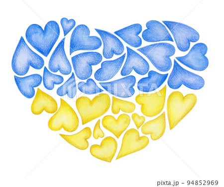 Heart shape made in symbol ukrainian colors, blue and yellow, isolated on white background. Watercolor illustration. Heart shape made in symbol ukrainian colors, blue and yellow, isolated on white background. Watercolor illustration. 94852969