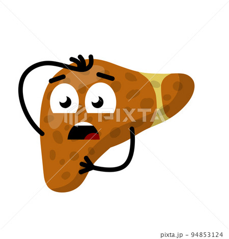 Sad liver. Emotions on face of character. Bad of medical condition of human organs. Funny flat cartoon Sad liver. Emotions on face of character. Bad of medical condition of human organs. Funny flat cartoon 94853124