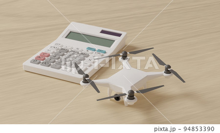 平面上に置かれたドローン（クアッドコプター）のおもちゃと電卓の3Dレンダリングイラスト 94853390