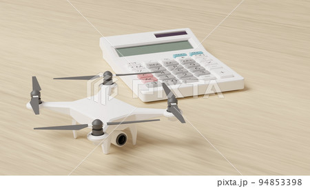 平面上に置かれたドローン（クアッドコプター）のおもちゃと電卓の3Dレンダリングイラスト 94853398