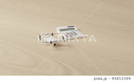 平面上に置かれたドローン（クアッドコプター）のおもちゃと電卓の3Dレンダリングイラスト 94853399