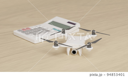 平面上に置かれたドローン(クアッドコプター)のおもちゃと電卓の3Dレンダリングイラスト 平面上に置かれたドローン(クアッドコプター)のおもちゃと電卓の3Dレンダリングイラスト 94853401
