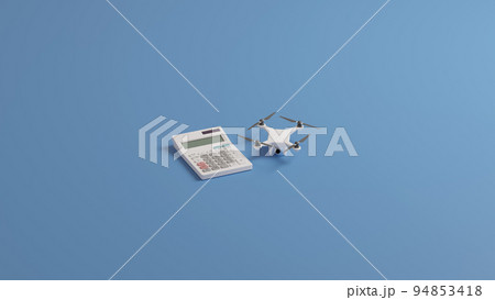 平面上に置かれたドローン(クアッドコプター)のおもちゃと電卓の3Dレンダリングイラスト 平面上に置かれたドローン(クアッドコプター)のおもちゃと電卓の3Dレンダリングイラスト 94853418