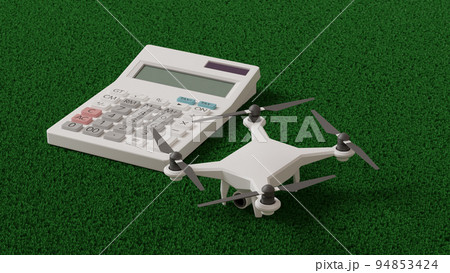 平面上に置かれたドローン(クアッドコプター)のおもちゃと電卓の3Dレンダリングイラスト 平面上に置かれたドローン(クアッドコプター)のおもちゃと電卓の3Dレンダリングイラスト 94853424
