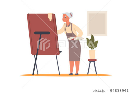 Senior people. Elderly cartoon character drawing picture with easel and palette. Grandmother leisure. Retired person hobby. Aged painter. Pensioner woman activities. Vector illustration Senior people. Elderly cartoon character drawing picture with easel and palette. Grandmother leisure. Retired person hobby. Aged painter. Pensioner woman activities. Vector illustration 94853941