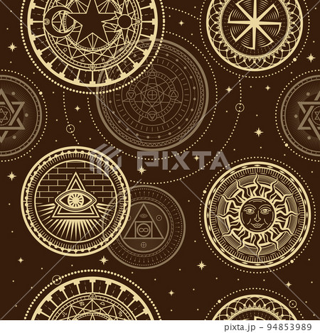 Occult gothic pattern. Alchemy pentagram circles. Vintage Halloween wicca or pentacle. Old black occult tattoo sign. Astrology symbol. Swastika and triquetra. Vector seamless background Occult gothic pattern. Alchemy pentagram circles. Vintage Halloween wicca or pentacle. Old black occult tattoo sign. Astrology symbol. Swastika and triquetra. Vector seamless background 94853989