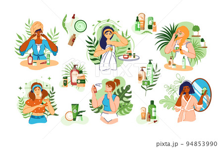 Face skincare. Cosmetic products. Beauty woman procedures set. Care routine. Skin wash lotion. Moisturizing cream. Cleansing mask. Patches and spray. Plant leaves. Vector illustration Face skincare. Cosmetic products. Beauty woman procedures set. Care routine. Skin wash lotion. Moisturizing cream. Cleansing mask. Patches and spray. Plant leaves. Vector illustration 94853990