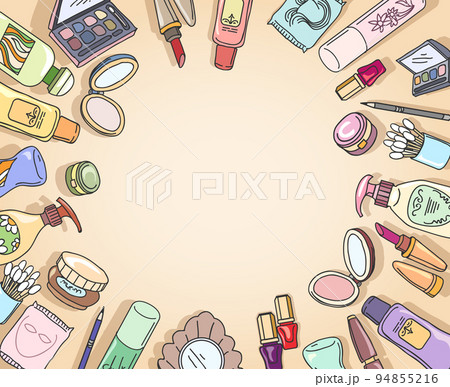 Cosmetics hand drawn top view frame vector 94855216