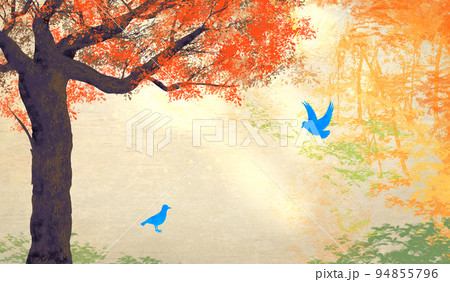 明るく神秘的な紅葉の森で出会う二羽の青い鳥_和紙テクスチャ背景イラスト 94855796