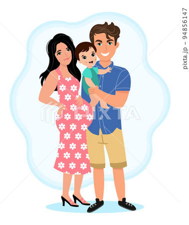 Pregnant mom, dad and little son, happy family....のイラスト素材 [94856147