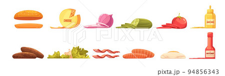 Burger Elements Set Retro Cartoon Style Burger Elements Set Retro Cartoon Style 94856343