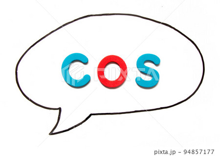 Alphabet letter with word COS (Abbreviation of Cost of sales, Class of service, Cosine) in black line hand drawing as bubble speech on white board background Alphabet letter with word COS (Abbreviation of Cost of sales, Class of service, Cosine) in black line hand drawing as bubble speech on white board background 94857177