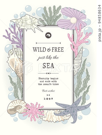 Seashell gentle frame. Underwater tropical shells, starfish and colorful seaweed, marine mineral objects, delicate color scheme, vertical card or poster with copy space, tidy vector concept Seashell gentle frame. Underwater tropical shells, starfish and colorful seaweed, marine mineral objects, delicate color scheme, vertical card or poster with copy space, tidy vector concept 94858634