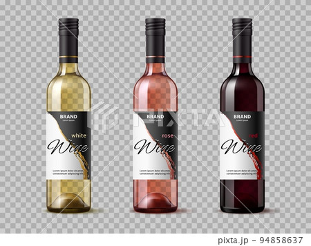 Realistic transparent wine bottles. Wine types, white, red and rose, isolated 3d mockups, grape alcohol drink, label design template, beverages design containers, utter vector set 94858637