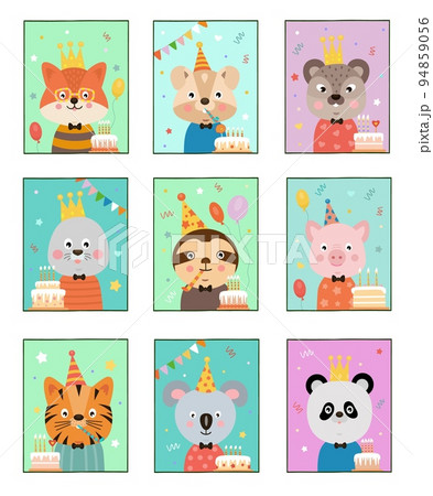 Farm animal birthday posters, celebrate holiday party, children characters in festive cap with cake, confetti and gerland. Greeting cards. Baby shower. Sloth fox and pig. Vector cartoon illustration Farm animal birthday posters, celebrate holiday party, children characters in festive cap with cake, confetti and gerland. Greeting cards. Baby shower. Sloth fox and pig. Vector cartoon illustration 94859056
