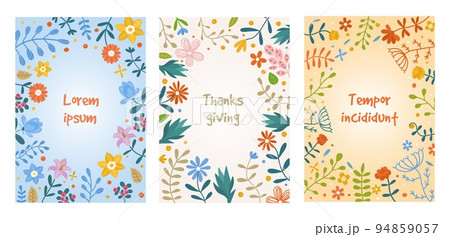 Fall floral borders, autumn wedding round frame. Hand drawn country cartoon flowers, golden lily valley. Garden bushes or branches, simple botanical colorful isolated elements vector design background Fall floral borders, autumn wedding round frame. Hand drawn country cartoon flowers, golden lily valley. Garden bushes or branches, simple botanical colorful isolated elements vector design background 94859057