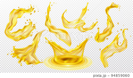 Oil splash, apple juice, yellow beer. Liquid lemon water or tea in motion, honey drips and drop flow, natural fruit lemonade. Petrol or lubricant. Transparent water waves. Vector isolated background 94859060