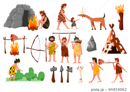 Prehistoric cave. Primeval hunter tools. Ancient human characters. Tribal man and woman. Cavemen hunting tiger. Primal people cooking food on fire. Stone axe and bows. Vector cartoon Paleolithic set 94859062