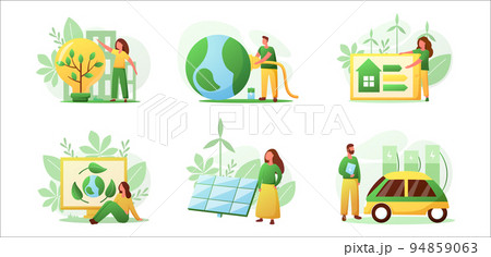 Sustainable energy. Eco green car. House environment. Electricity in home building. Automobile charging. Ecology electric renewable power. Earth planet. Solar panels. Vector illustration concepts set 94859063