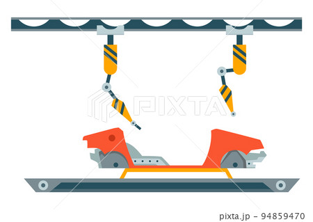Factory assembly line. Industry robot arm assemble car on conveyor belt. Automobile factory with automated manufacture. Vehicle production process with innovative equipment. Robotic automotive Factory assembly line. Industry robot arm assemble car on conveyor belt. Automobile factory with automated manufacture. Vehicle production process with innovative equipment. Robotic automotive 94859470