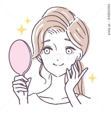 手鏡に向かって微笑む女性　鏡を見て笑顔で幸せそうな女の人　イラスト素材 94860060