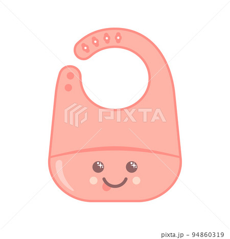 Silicone or plastic kawaii baby bib icon with a pocket with kawaii face isolated on white background. Silicone or plastic kawaii baby bib icon with a pocket with kawaii face isolated on white background. 94860319