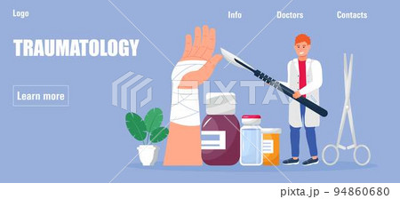 Traumatologist concept vector. Tiny doctors of traumatology treat patient. Traumatologist concept vector. Tiny doctors of traumatology treat patient. 94860680