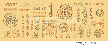 African tribal ethnic geometric elements. Maya style doodles tattoo, hand drawn circle aztec symbols. Border motifs, traditional classy folk vector collection 94860868