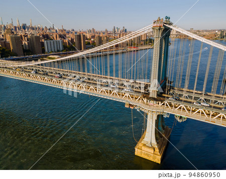 Aerial view of Manhattan from above, with Manhattan Bridge in the foreground and Hudson River in the background Aerial view of Manhattan from above, with Manhattan Bridge in the foreground and Hudson River in the background 94860950
