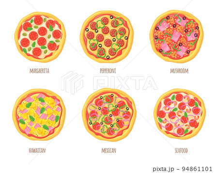 Cartoon pizza top view. Italian or hawaiian pizzas with toppings, slice piece pepperoni cheese mushrooms meat ingredients european cuisine, round food set neat vector illustration 94861101