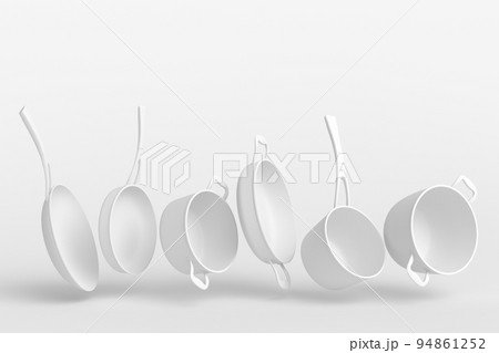 Set of flying stewpot, frying pan and plated cookware on monochrome background 94861252