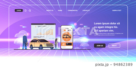 businessman charging electric car in mobile app battery vehicle at recharging power station charger EV management businessman charging electric car in mobile app battery vehicle at recharging power station charger EV management 94862389