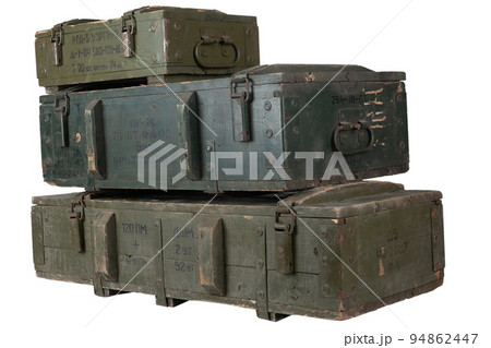 Soviet and russian army ammunition stack of green crates. Text in russian - type of ammunition, projectile caliber, projectile type, number of pieces and weight. Soviet and russian army ammunition stack of green crates. Text in russian - type of ammunition, projectile caliber, projectile type, number of pieces and weight. 94862447