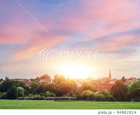 Freiberg am Neckar On the Sunset. Small European town in Baden Wurttemberg, Germany, Europe. Nekar river, southwestern Germany 94862814