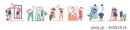 Set Male And Female Characters With Distorted Inadequate Perception. Skinny And Fat Men Or Women Look At Mirror 94862816